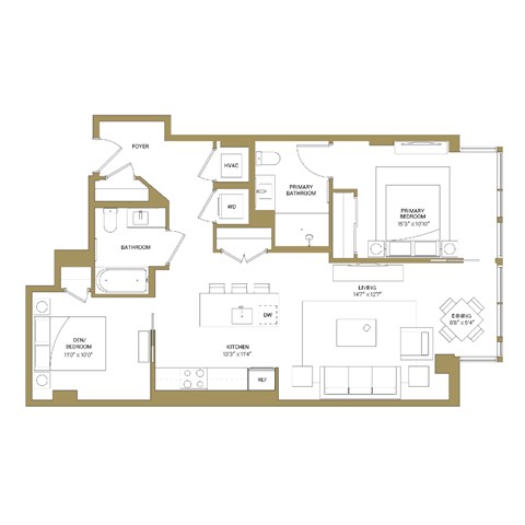 Floor plan for 1 bed, 2 baths, 1035 sqft